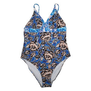 NWT Cupshe Swimsuit Deep Vneck Self Tie Mix Print Blue Floral One Piece Large